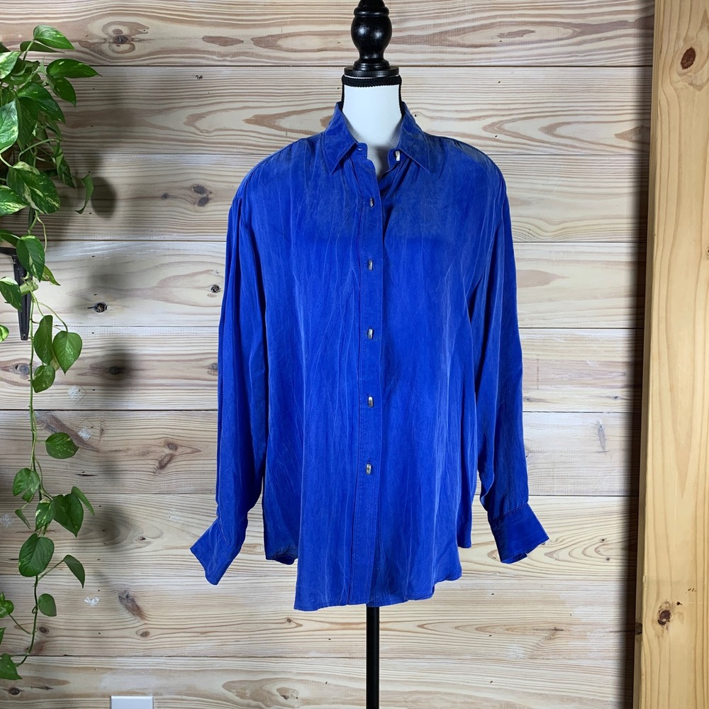 Longhorn Western Wear Button Up Shirt Women Large Blue Rayon Vintage 80s 90s